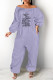 Purple Fashion Casual Print Letter Off the Shoulder Jumpsuits