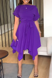 Purple Fashion Casual Solid Split Joint Asymmetrical O Neck Short Sleeve Dress