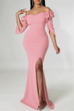 Pink Fashion Sexy Solid Split Joint Slit Off the Shoulder Evening Dress