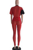 Red Black Fashion Sexy Solid Patchwork O Neck Short Sleeve Two Pieces