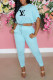 Light Blue Fashion Casual Print Letter O Neck Half Sleeve Two Pieces