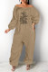 Coffee Fashion Casual Print Letter Off the Shoulder Jumpsuits