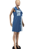 Light Blue Casual Solid Split Joint Buckle Turndown Collar Dresses(Without Belt)