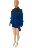 Indigo Casual Elegant Solid Patchwork Buckle Straight Rompers