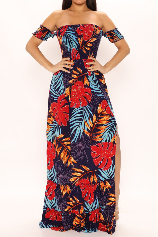 Red Fashion Sexy Print Backless Off the Shoulder Long Dress