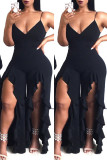 Black Fashion Sexy Solid Patchwork Slit Spaghetti Strap Regular Jumpsuits