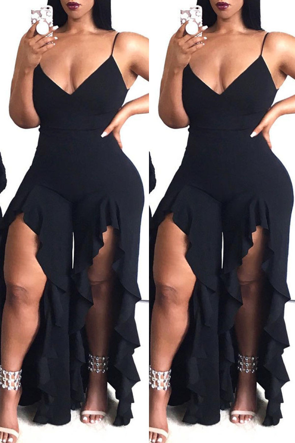 Black Fashion Sexy Solid Patchwork Slit Spaghetti Strap Regular Jumpsuits