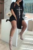 Red Fashion Casual Print Slit V Neck Short Sleeve Two Pieces
