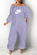 Purple Fashion Casual Print Letter Off the Shoulder Jumpsuits