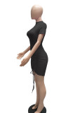 Pink Sexy Solid Patchwork Draw String Fold O Neck Pencil Skirt Dresses