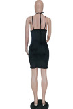 Green Sexy Solid Hollowed Out Patchwork Hot Drill Asymmetrical Collar Pencil Skirt Dresses