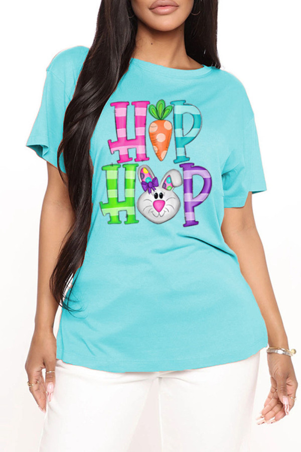 Light Blue Fashion Casual Print Basic O Neck T-Shirts