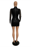 Black Fashion Sexy Patchwork Hollowed Out Sequins Turtleneck Long Sleeve Dresses