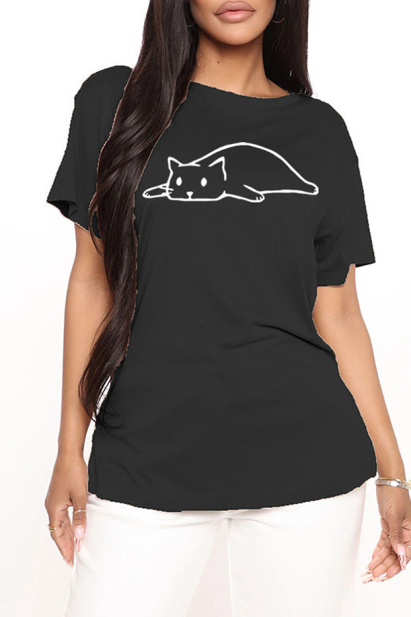 Black Fashion Casual Print Basic O Neck T-Shirts