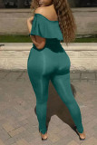 Red Sexy Solid Ripped Patchwork Flounce Off the Shoulder Regular Jumpsuits