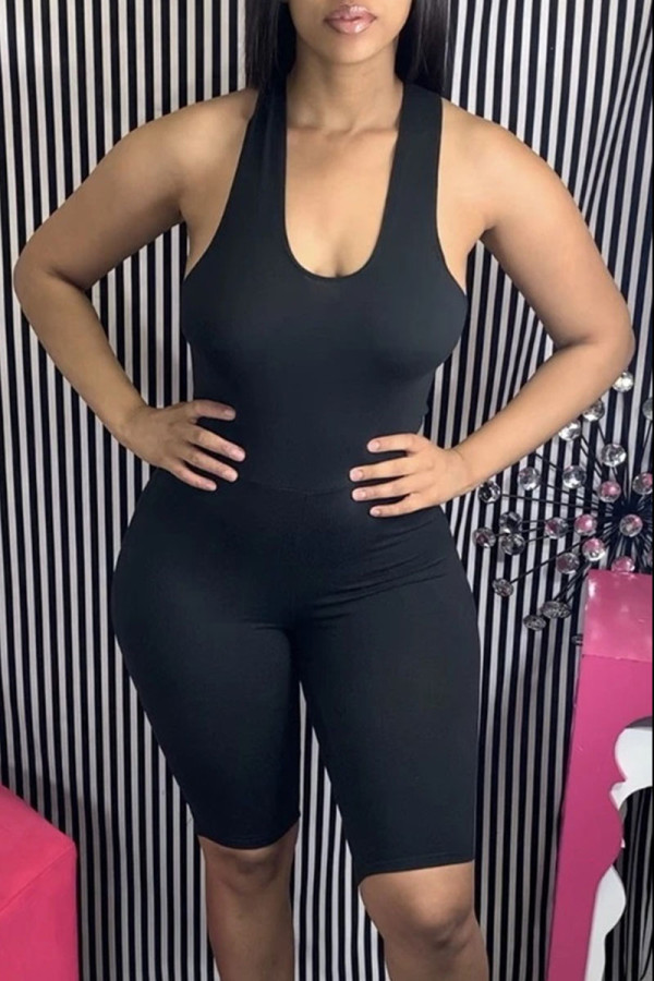 Black Fashion Sexy Solid Backless U Neck Skinny Romper