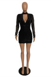 Black Fashion Sexy Patchwork Hollowed Out Sequins Turtleneck Long Sleeve Dresses