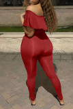Red Sexy Solid Ripped Patchwork Flounce Off the Shoulder Regular Jumpsuits