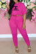 Rose Red Fashion Casual Print Letter O Neck Half Sleeve Two Pieces