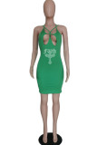 Green Sexy Solid Hollowed Out Patchwork Hot Drill Asymmetrical Collar Pencil Skirt Dresses