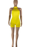 Pink Casual Solid Patchwork Slit O Neck Regular Rompers