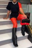 Red Black Fashion Sexy Solid Patchwork O Neck Short Sleeve Two Pieces