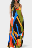 Colour Fashion Sexy Print Backless Spaghetti Strap Long Dress Dresses