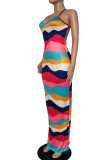 Colour Sexy Print Split Joint Spaghetti Strap One Step Skirt Dresses