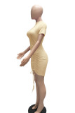 Pink Sexy Solid Patchwork Draw String Fold O Neck Pencil Skirt Dresses