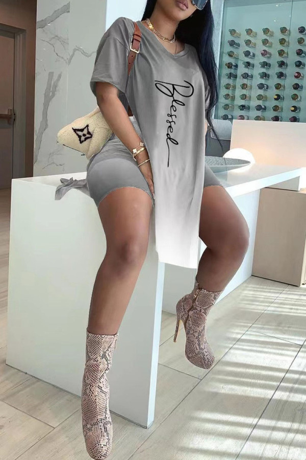Grey Casual Gradual Change Print Patchwork V Neck Short Sleeve Two Pieces