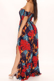 Red Fashion Sexy Print Backless Off the Shoulder Long Dress