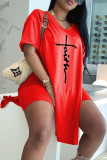 Red Fashion Casual Print Slit V Neck Short Sleeve Two Pieces