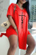 Red Fashion Casual Print Slit V Neck Short Sleeve Two Pieces