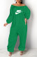 Green Fashion Casual Print Letter Off the Shoulder Jumpsuits