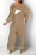 Coffee Fashion Casual Print Letter Off the Shoulder Jumpsuits
