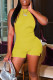 Yellow Casual Solid Patchwork Slit O Neck Regular Rompers