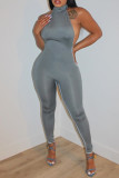 Grey Fashion Sexy Casual Solid Patchwork Backless Turtleneck Skinny Jumpsuits