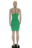 Green Sexy Solid Hollowed Out Patchwork Hot Drill Asymmetrical Collar Pencil Skirt Dresses