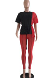 Red Black Fashion Sexy Solid Patchwork O Neck Short Sleeve Two Pieces