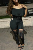 Red Sexy Solid Ripped Patchwork Flounce Off the Shoulder Regular Jumpsuits