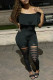 Black Sexy Solid Ripped Patchwork Flounce Off the Shoulder Regular Jumpsuits