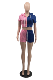 Powder Blue Fashion Solid Draw String Hooded Collar Short Sleeve Two Pieces