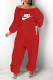 Red Fashion Casual Print Letter Off the Shoulder Jumpsuits