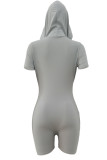 Grey Fashion Casual Solid Basic Hooded Collar Skinny Romper