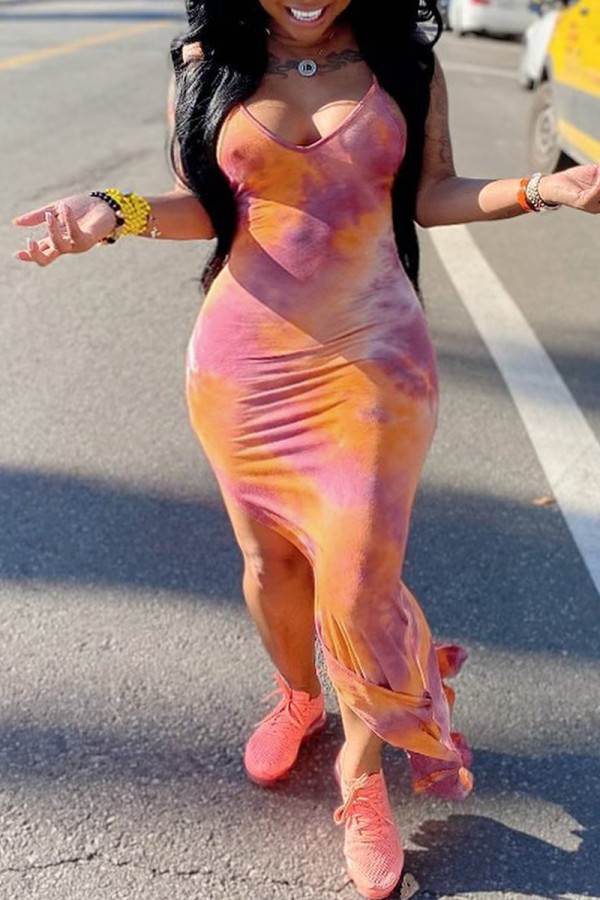 Orange Fashion Sexy Print Tie Dye Backless Slit Spaghetti Strap Long Dress