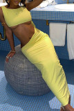 Yellow Sexy Solid Hollowed Out Patchwork O Neck One Step Skirt Dresses
