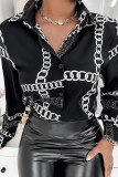 Black Casual Print Patchwork Buckle Turndown Collar Tops