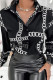 Black Casual Print Patchwork Buckle Turndown Collar Tops