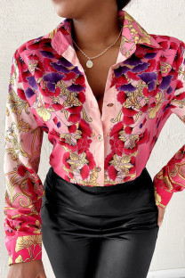 Pink Casual Print Patchwork Turndown Collar Tops