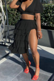 Black Sexy Solid Patchwork Flounce V Neck Short Sleeve Two Pieces